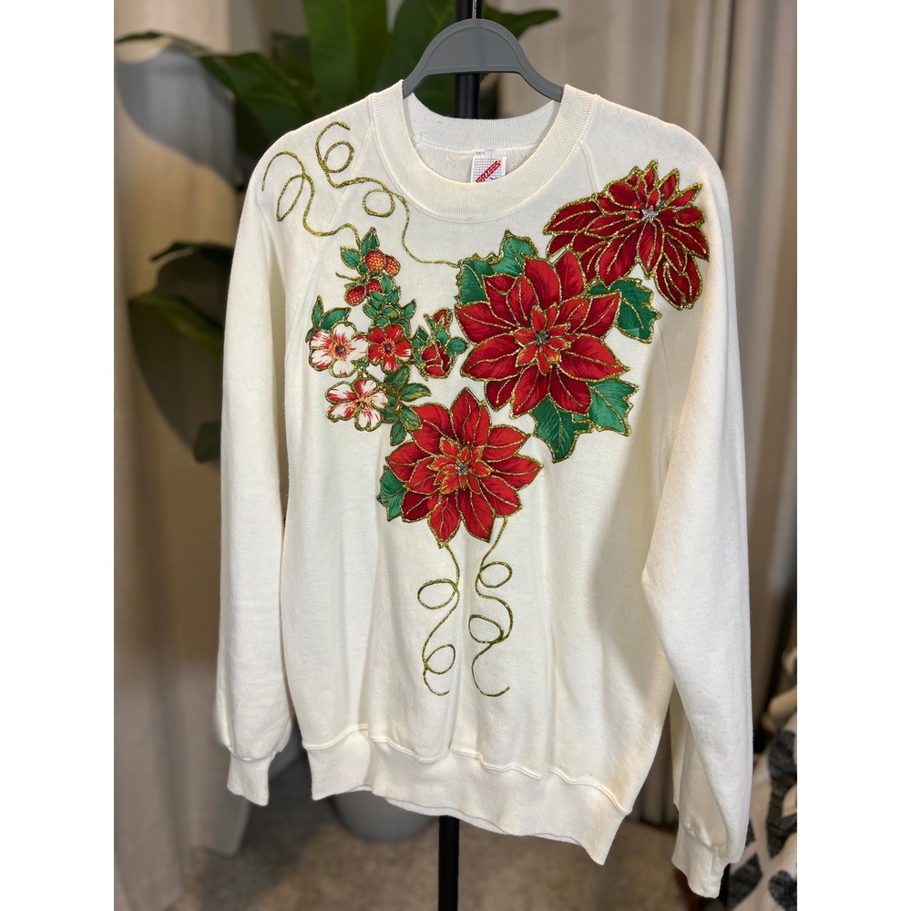 Vintage Jerzees Poinsettia Christmas Sweatshirt White Gold Glitter Floral Large